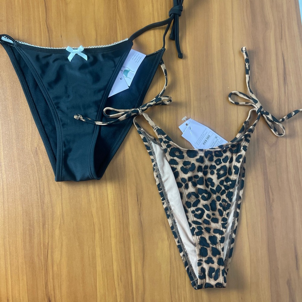 Lot of 2 Wild Fable Bikini Bottoms Set Black Bow & Leopard Print Side Tie XXS